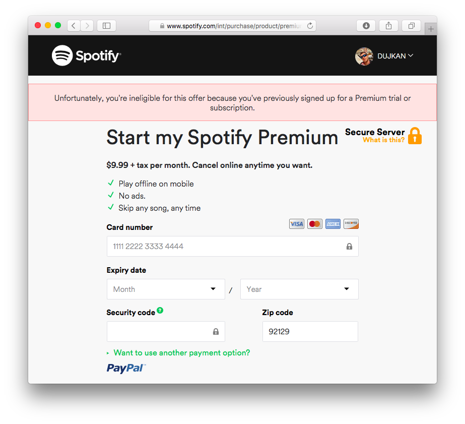 Spotify credit card discount